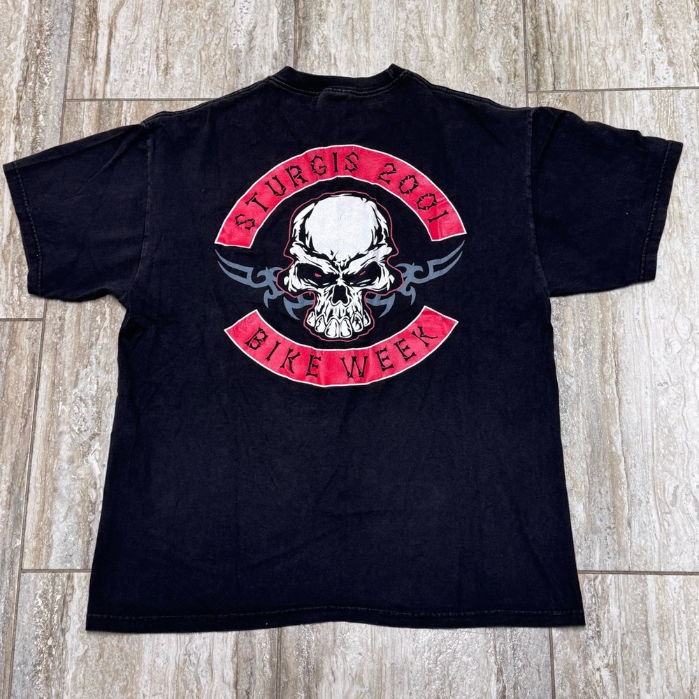 Vintage 2001 Sturgis Motorcycle Bike Week Black Biker Skull Hanes Comfort Tee L